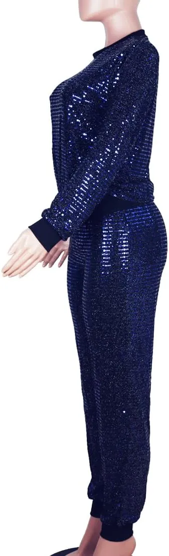 WOKANSE Women's Sequin Glitter Long Sleeve Sweatshirts and Skinny Long Pants Two Piece Outfits