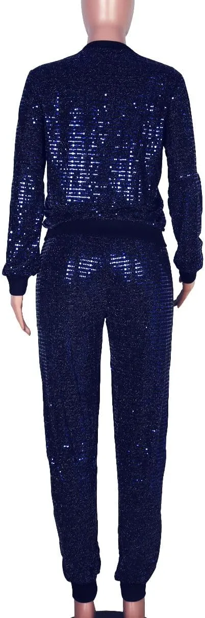 WOKANSE Women's Sequin Glitter Long Sleeve Sweatshirts and Skinny Long Pants Two Piece Outfits