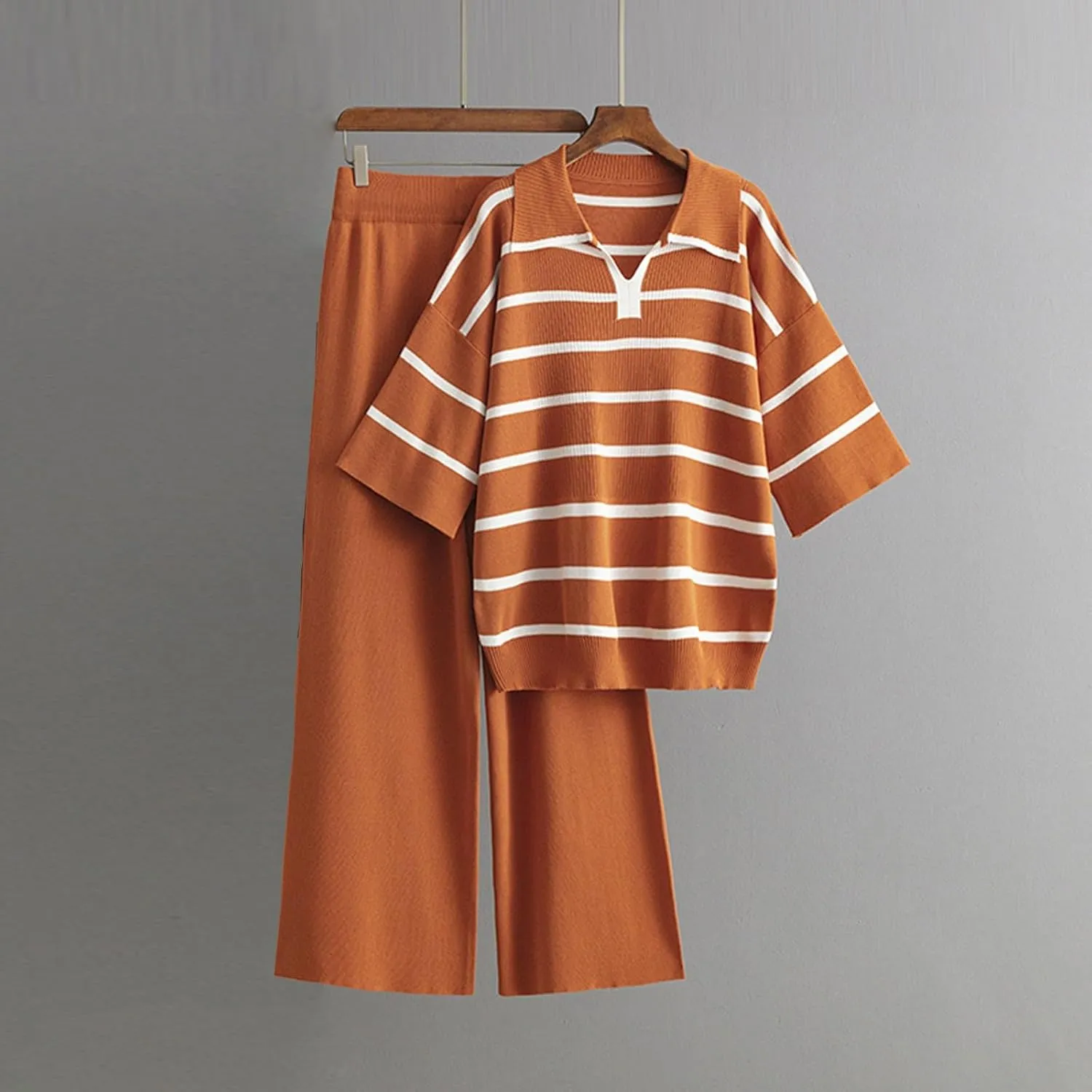 Women 2 Piece Pajama Set Stretchy Knit Outfits Striped Long Sleeve Lapel Tops and Wide Leg Pants Loungewear One Size