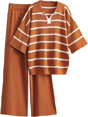 Women 2 Piece Pajama Set Stretchy Knit Outfits Striped Long Sleeve Lapel Tops and Wide Leg Pants Loungewear One Size