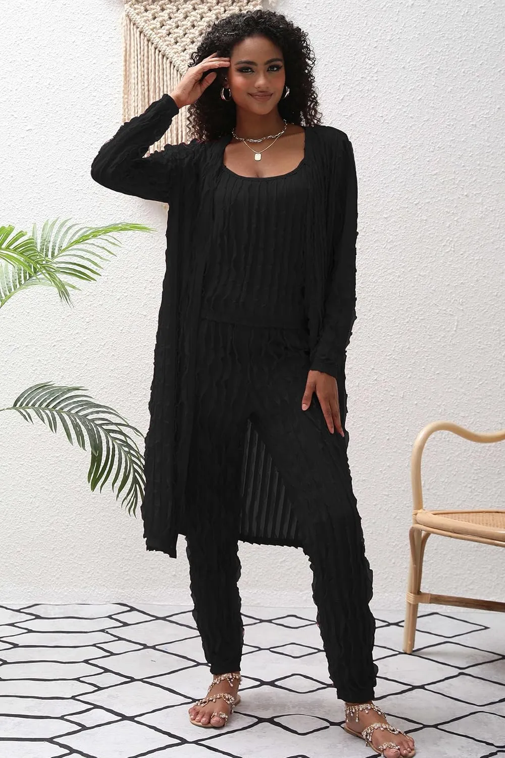Women 3 Piece Sexy Pajamas Set Sleepwear Ruffle Long Cardigan Crop Tank Tops and Elastic waist Pants Sets