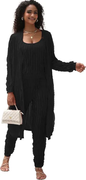 Women 3 Piece Sexy Pajamas Set Sleepwear Ruffle Long Cardigan Crop Tank Tops and Elastic waist Pants Sets