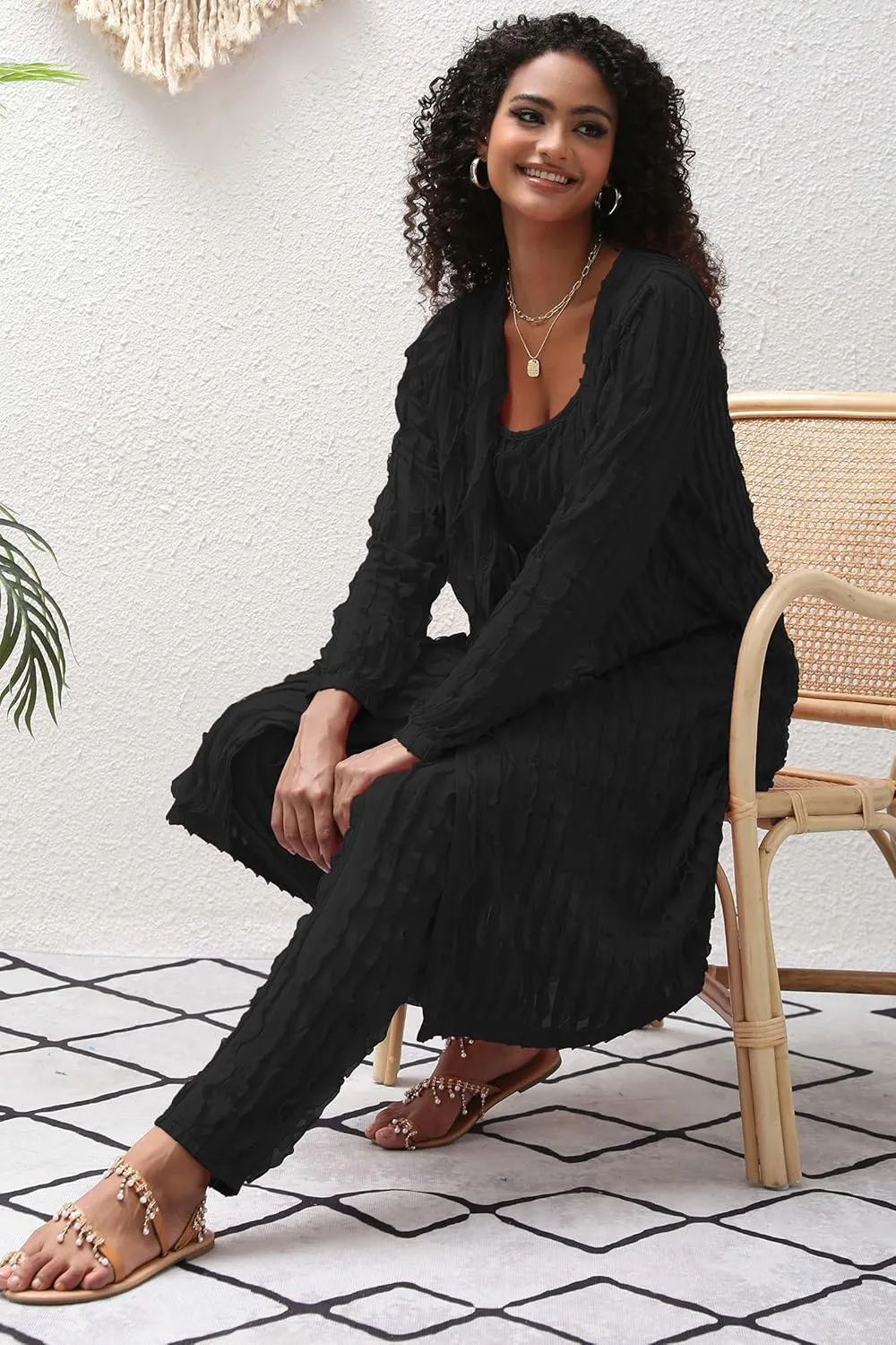 Women 3 Piece Sexy Pajamas Set Sleepwear Ruffle Long Cardigan Crop Tank Tops and Elastic waist Pants Sets