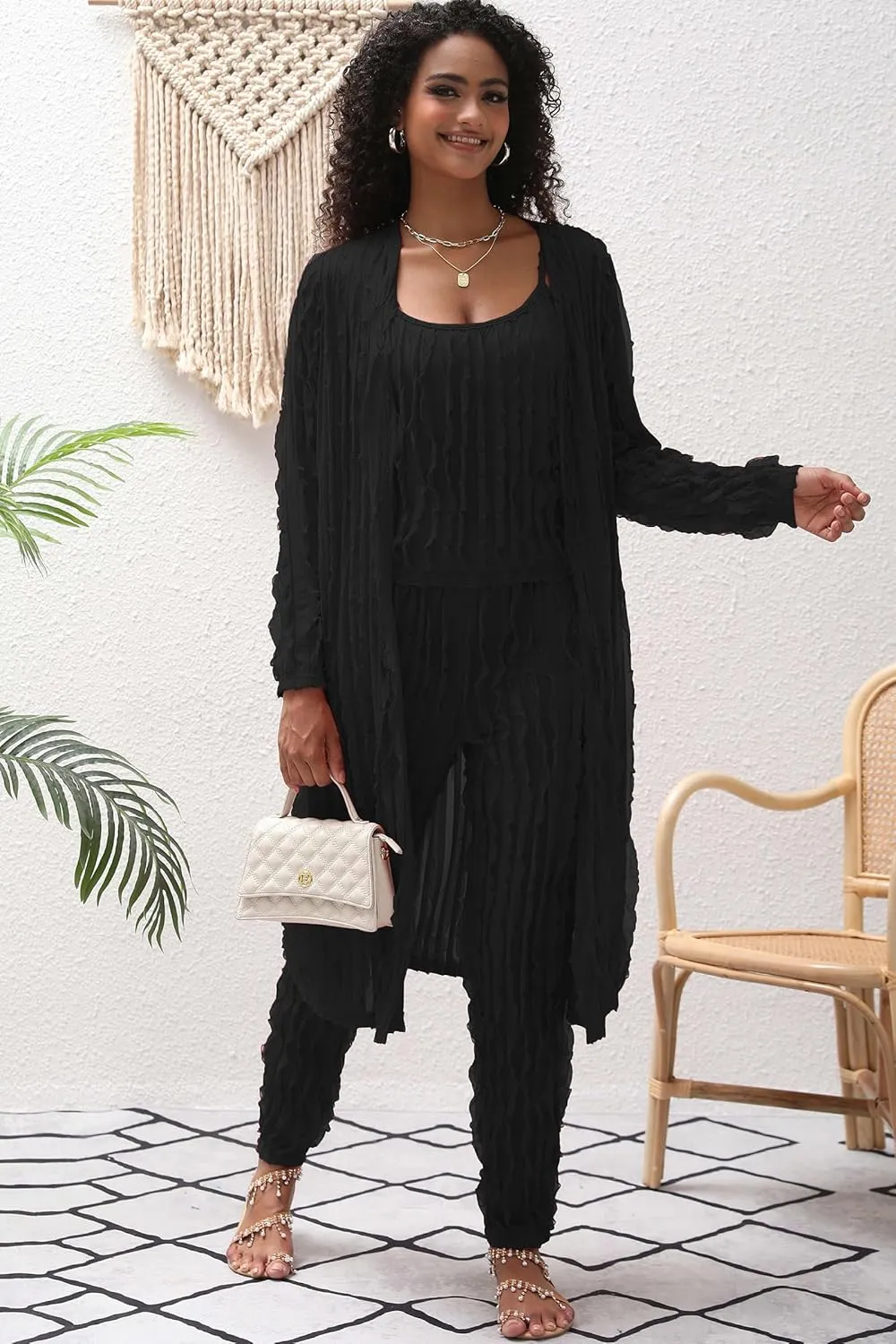 Women 3 Piece Sexy Pajamas Set Sleepwear Ruffle Long Cardigan Crop Tank Tops and Elastic waist Pants Sets