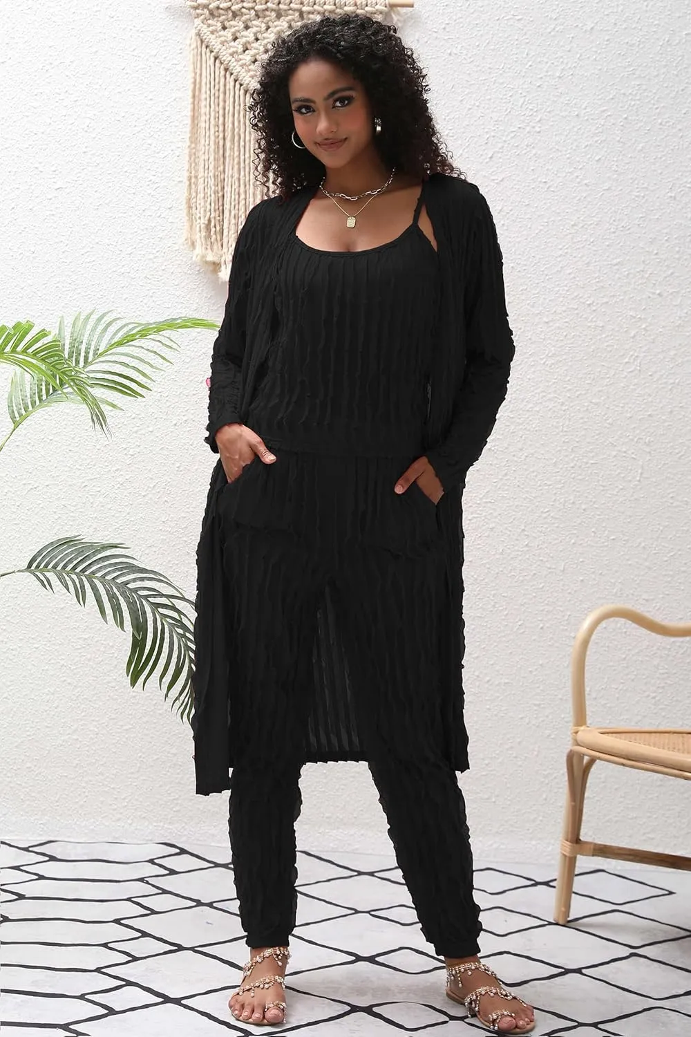 Women 3 Piece Sexy Pajamas Set Sleepwear Ruffle Long Cardigan Crop Tank Tops and Elastic waist Pants Sets