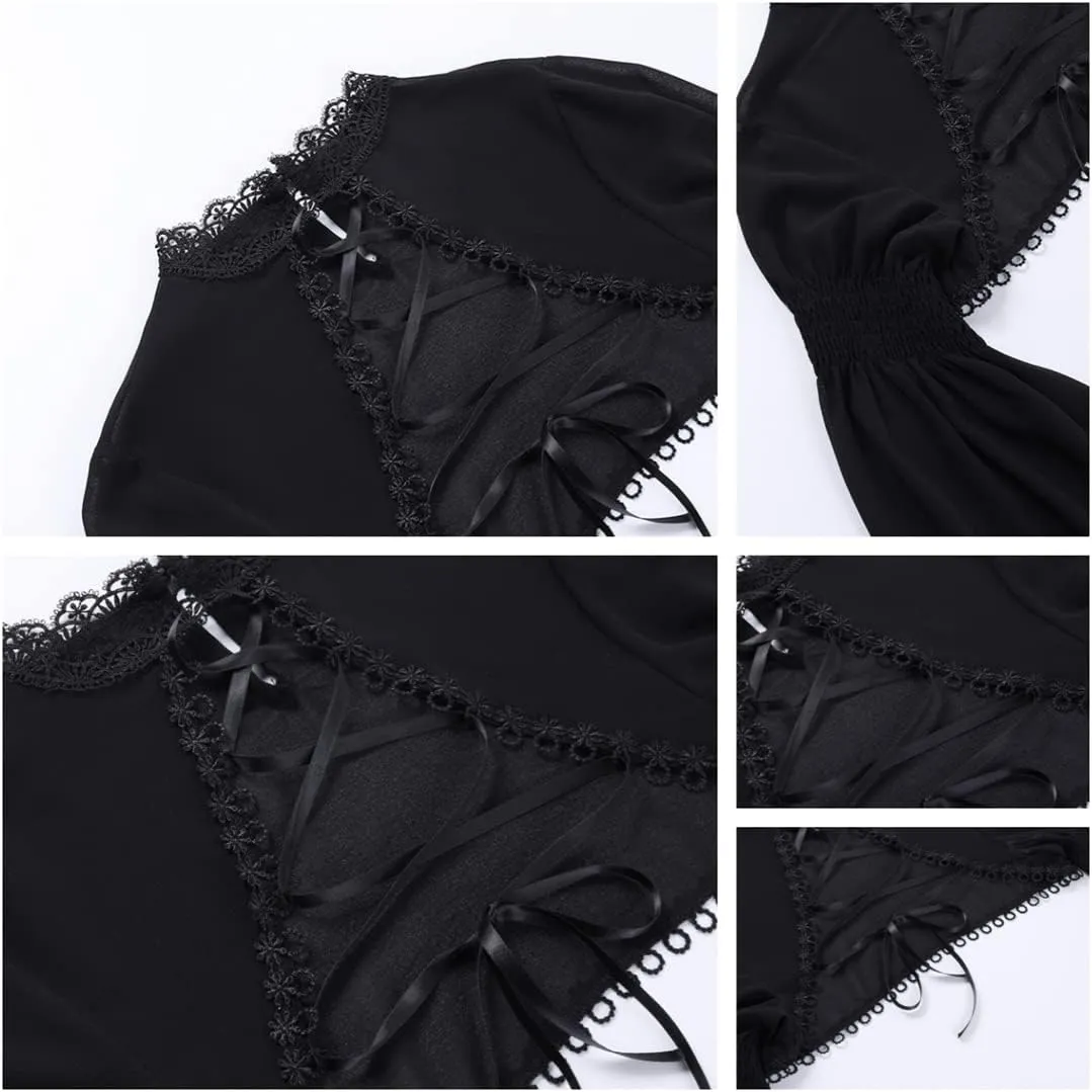 Women Goth Tops Punk Cover Ups Mesh Crop Top See Through Sexy Long Sleeve Blouse Y2k Black Rave Outfit Festival