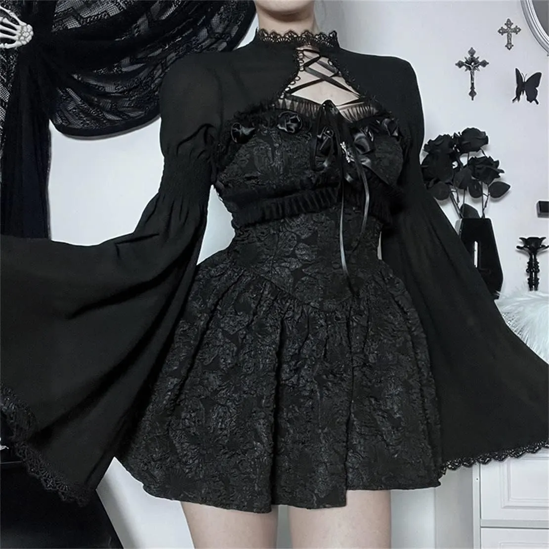 Women Goth Tops Punk Cover Ups Mesh Crop Top See Through Sexy Long Sleeve Blouse Y2k Black Rave Outfit Festival
