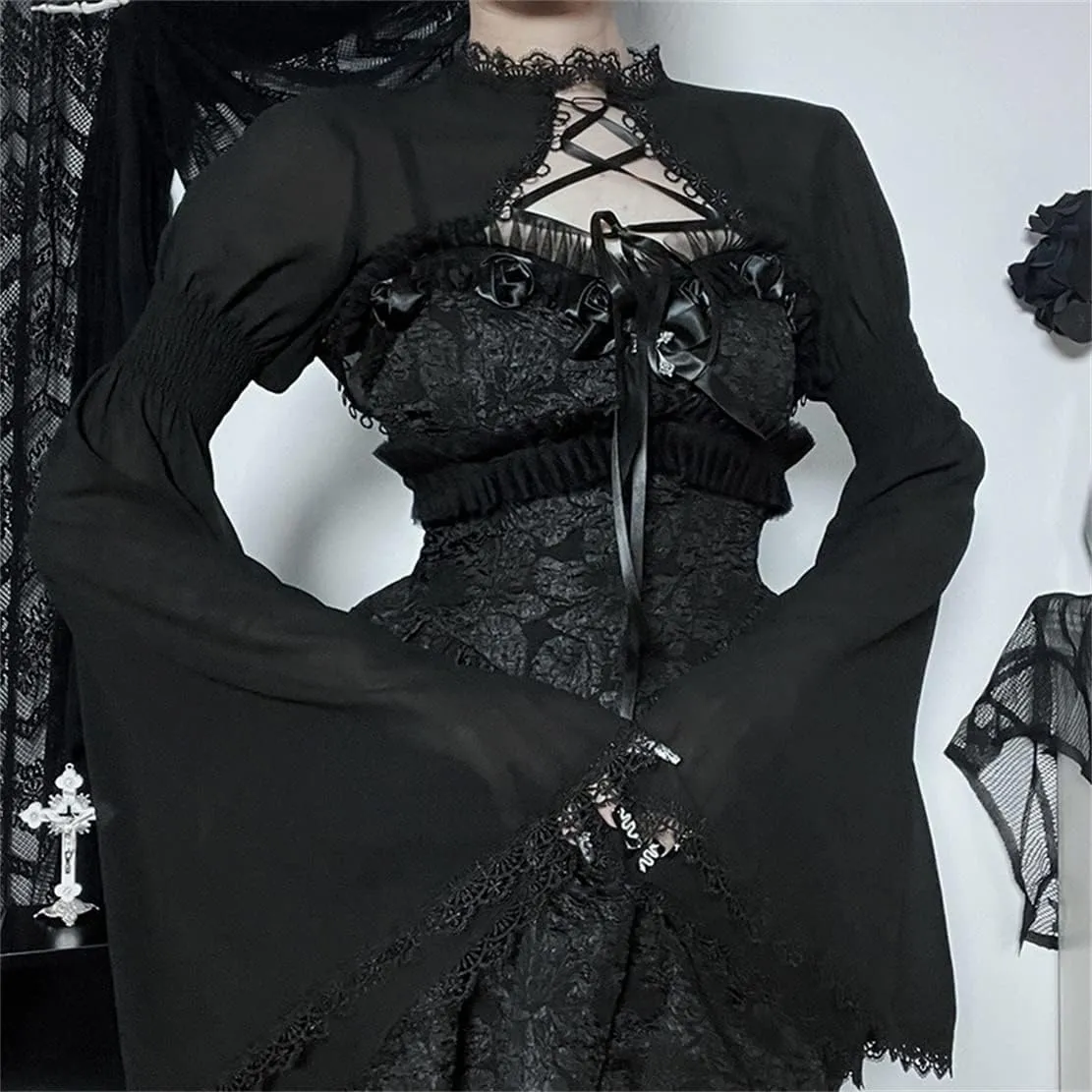 Women Goth Tops Punk Cover Ups Mesh Crop Top See Through Sexy Long Sleeve Blouse Y2k Black Rave Outfit Festival