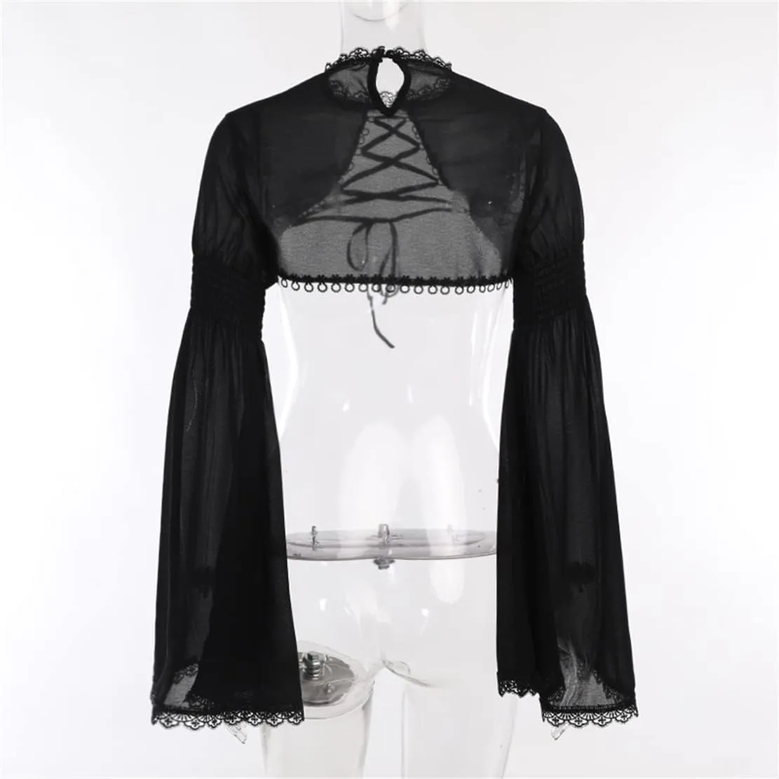 Women Goth Tops Punk Cover Ups Mesh Crop Top See Through Sexy Long Sleeve Blouse Y2k Black Rave Outfit Festival