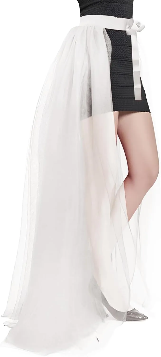 Women Maxi Tulle Skirt Flowy Overlay Long Tutu Skirt Bandage Mesh Detachable Train Overskirt for Wedding Party Evening Prom
