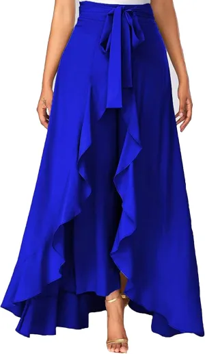 Women Ruffle Pants Split High Waist Maxi Long Crepe Palazzo Overlay Pant Skirt Night Club Cocktail Party Gift