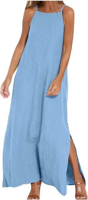 Women Summer Casual Loose Sleeveless Sundress Spaghetti Strap Flowy Boho Linen Beach Vacation Maxi Long Dress