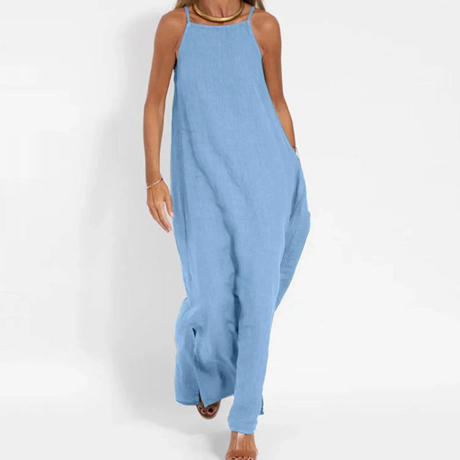 Women Summer Casual Loose Sleeveless Sundress Spaghetti Strap Flowy Boho Linen Beach Vacation Maxi Long Dress