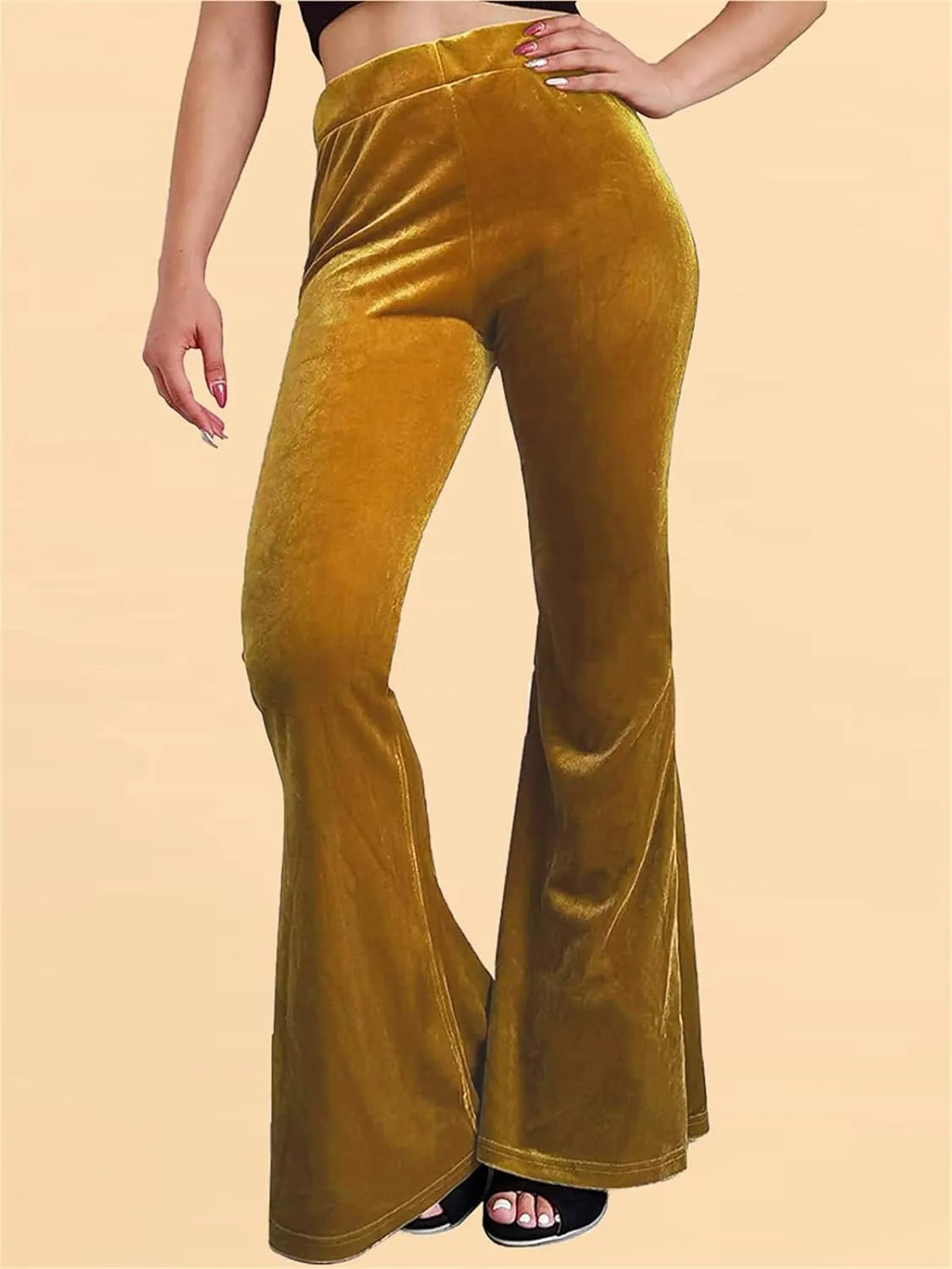 Women Velvet Flare Pants Sexy Skinny High Waist Bootcut Bell-Bottom Trousers Solid Color Slim Fit Lounge Streetwear