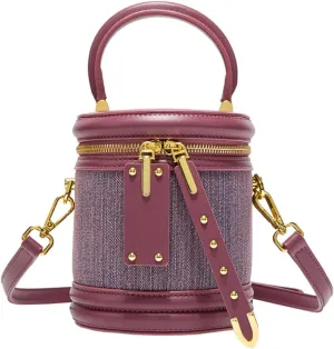 Women Vintage Bucket Handbag Crossbody Shoulder Bag with Double Metal Zipper Cylinder Bag Women 2024 Round Bucket Bag 818