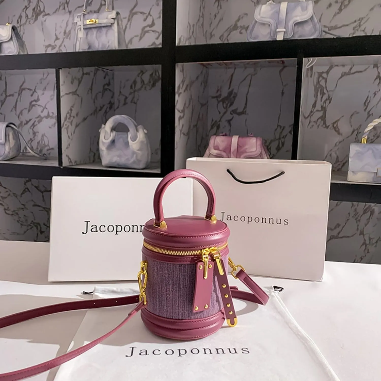 Women Vintage Bucket Handbag Crossbody Shoulder Bag with Double Metal Zipper Cylinder Bag Women 2024 Round Bucket Bag 818
