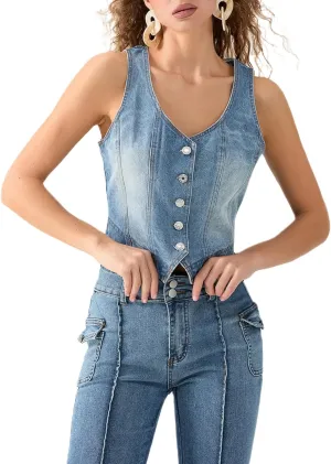 Women Y2K Button Down Denim Vest Vintage Sleeveless V Neck Jean Corset Crop Tank Top Sexy Fitted Cowgirl Streetwear