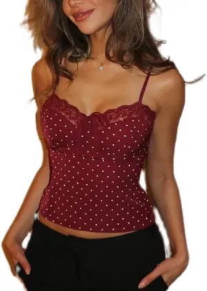Women Y2k Polka Dot Cami Top Lace Trim V Neck Spaghetti Strap Camisole Dots Print Aesthetic Tank Tops