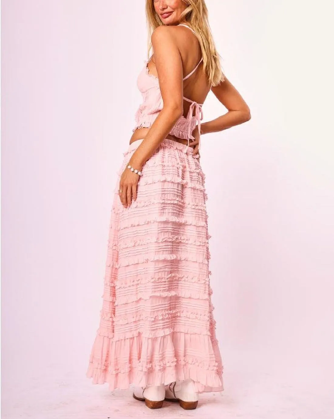 Womens 2 Piece Maxi Skirt Set Y2k Lace Up Halter Neck Tops and Flowy Long Skirt Summer Backless Beach Outfits