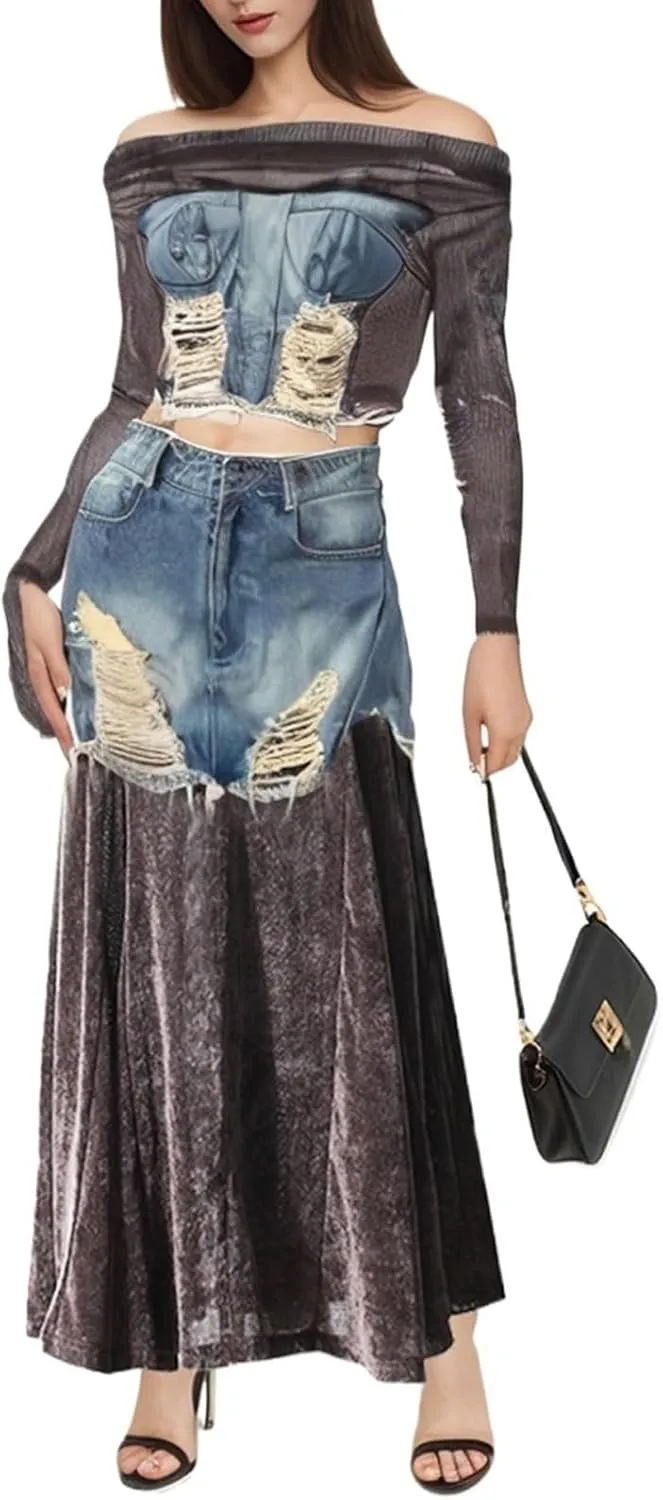 Womens 2 Piece Skirt Set Denim Patchwork Off Shoulder Long Sleeve Tops High Waisted A Line Maxi Skirts Y2K Outfit