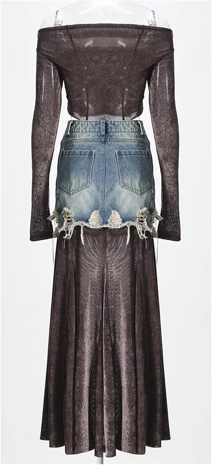 Womens 2 Piece Skirt Set Denim Patchwork Off Shoulder Long Sleeve Tops High Waisted A Line Maxi Skirts Y2K Outfit