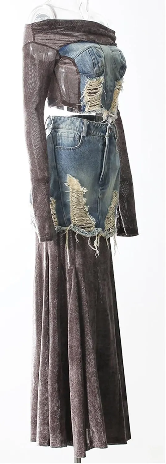 Womens 2 Piece Skirt Set Denim Patchwork Off Shoulder Long Sleeve Tops High Waisted A Line Maxi Skirts Y2K Outfit