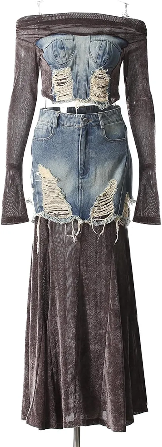 Womens 2 Piece Skirt Set Denim Patchwork Off Shoulder Long Sleeve Tops High Waisted A Line Maxi Skirts Y2K Outfit
