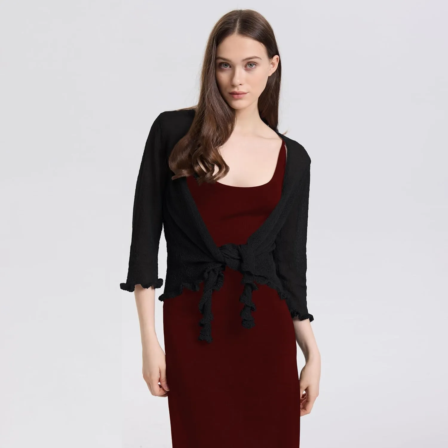 Women's 3/4 Sleeve Tie Open Front Sheer Mesh Lightweight Shrug Cardigan Knit for Dresses