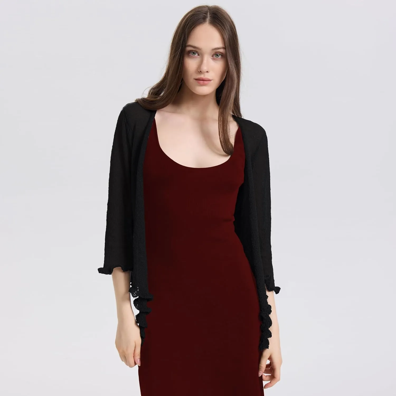 Women's 3/4 Sleeve Tie Open Front Sheer Mesh Lightweight Shrug Cardigan Knit for Dresses