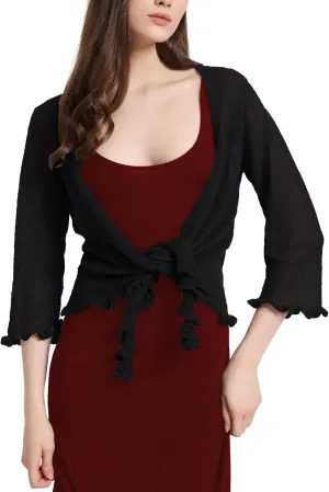 Women's 3/4 Sleeve Tie Open Front Sheer Mesh Lightweight Shrug Cardigan Knit for Dresses