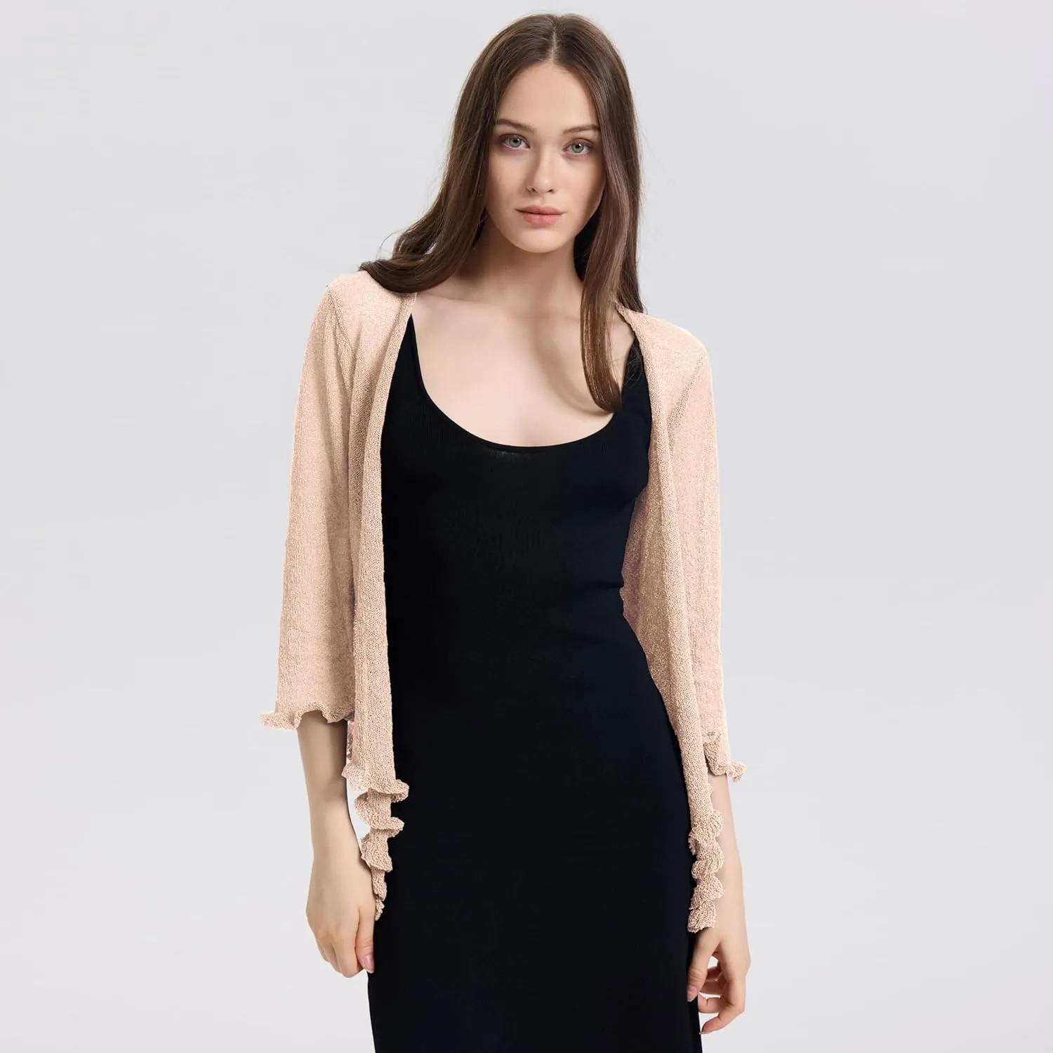 Women's 3/4 Sleeve Tie Open Front Sheer Mesh Lightweight Shrug Cardigan Knit for Dresses