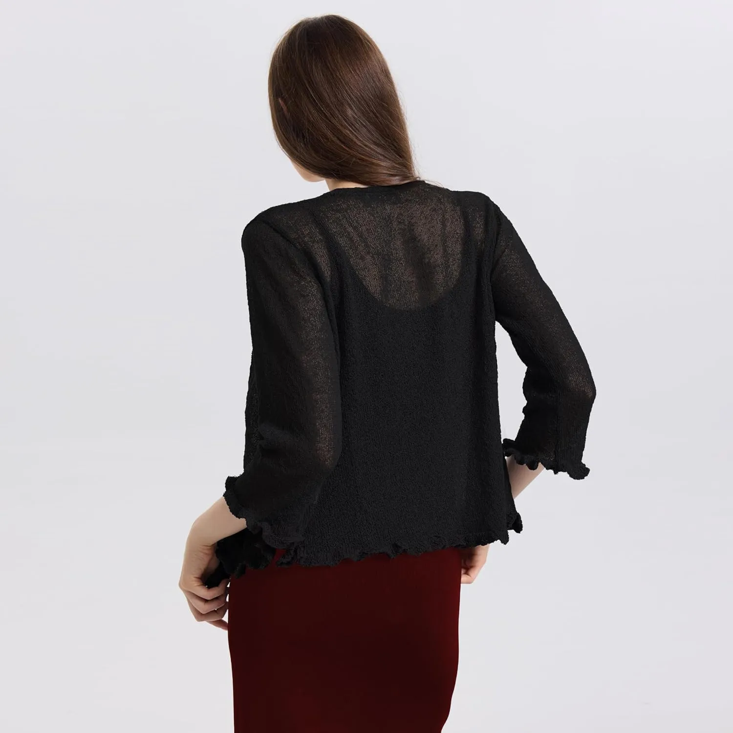 Women's 3/4 Sleeve Tie Open Front Sheer Mesh Lightweight Shrug Cardigan Knit for Dresses