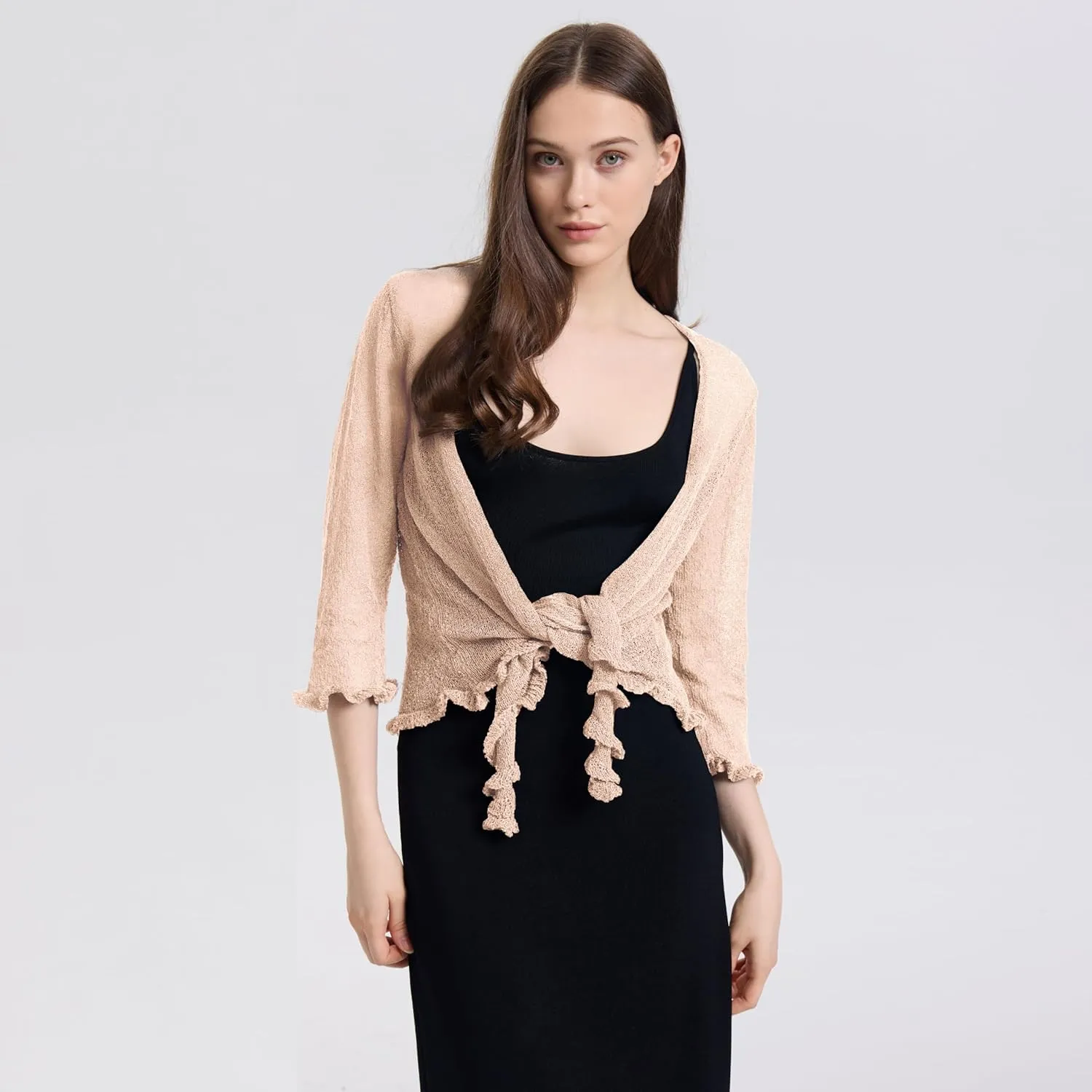 Women's 3/4 Sleeve Tie Open Front Sheer Mesh Lightweight Shrug Cardigan Knit for Dresses