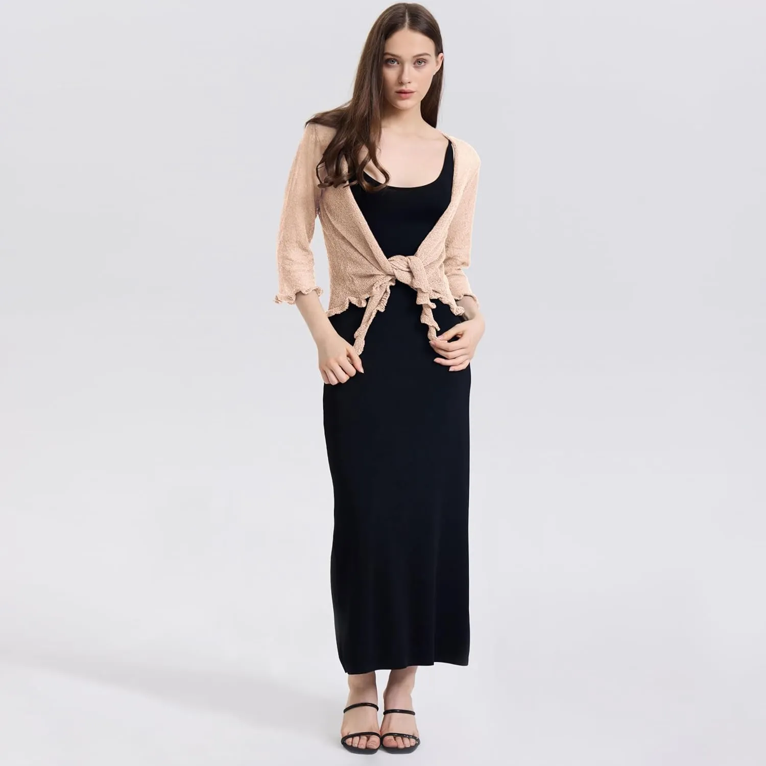 Women's 3/4 Sleeve Tie Open Front Sheer Mesh Lightweight Shrug Cardigan Knit for Dresses