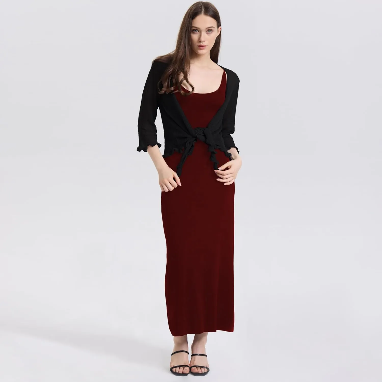 Women's 3/4 Sleeve Tie Open Front Sheer Mesh Lightweight Shrug Cardigan Knit for Dresses