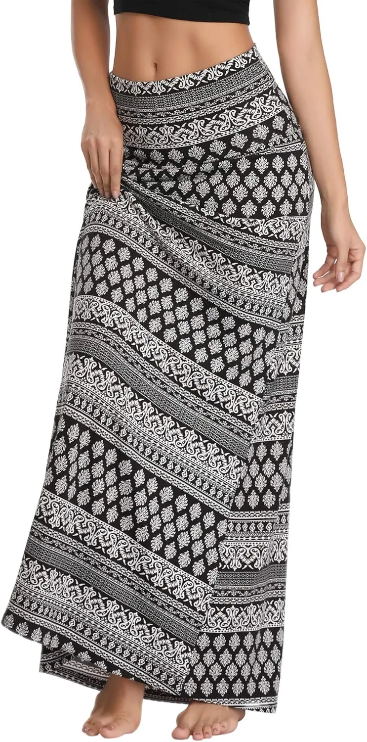 Women's Boho Flod Over Long Maxi Skirt Elastic High Waisted Long Skirts for Women