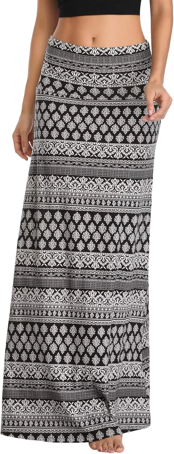 Women's Boho Flod Over Long Maxi Skirt Elastic High Waisted Long Skirts for Women