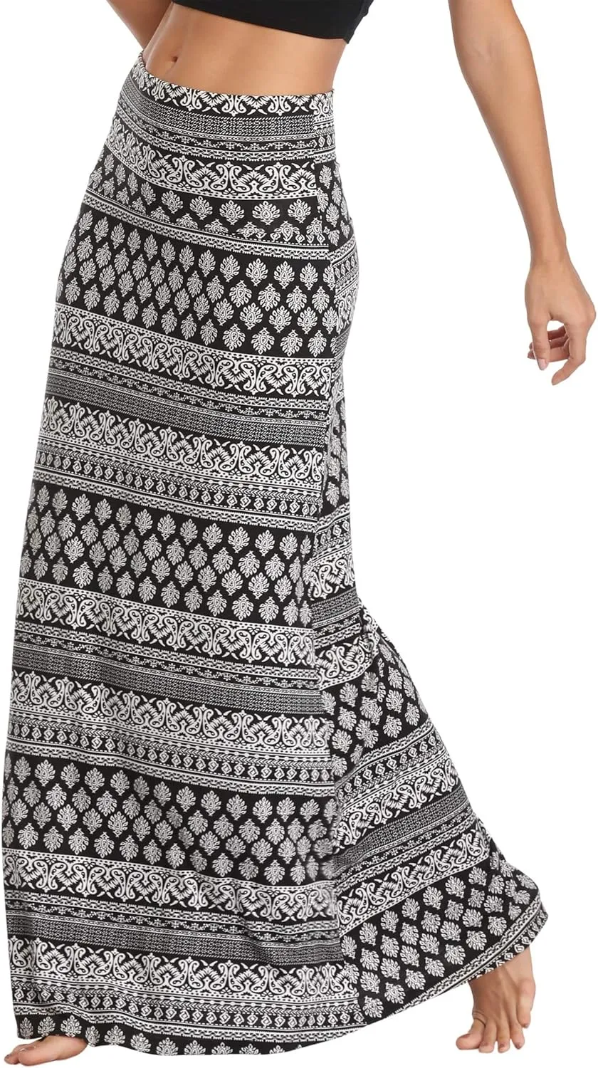 Women's Boho Flod Over Long Maxi Skirt Elastic High Waisted Long Skirts for Women