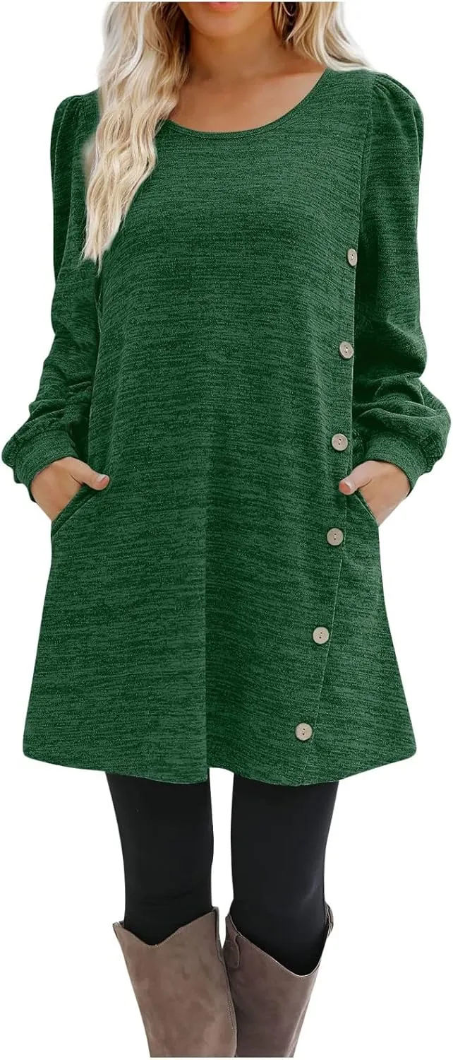 Women's Button Side Long Sleeve Dresses 2024 Fall Fashion Sweater Dresses Casual Crew Neck Pullover Tops with Pockets