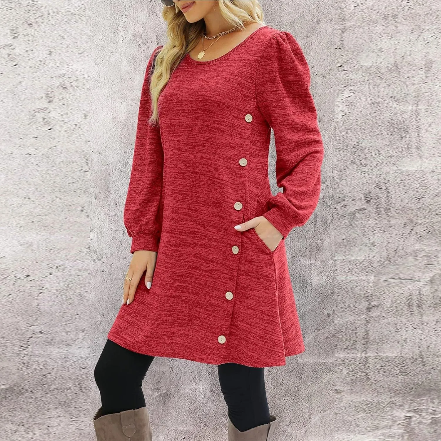 Women's Button Side Long Sleeve Dresses 2024 Fall Fashion Sweater Dresses Casual Crew Neck Pullover Tops with Pockets