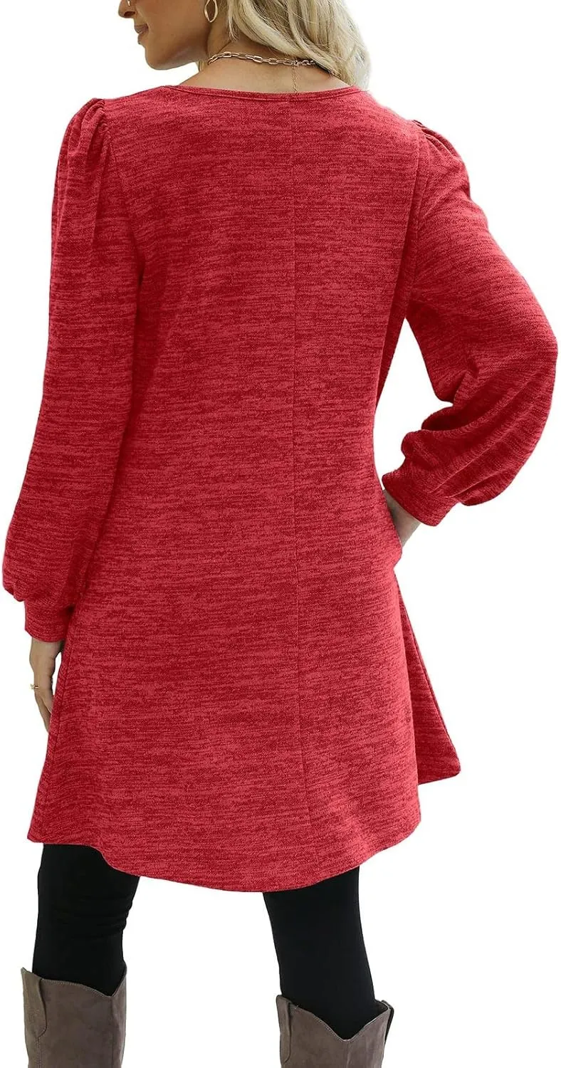 Women's Button Side Long Sleeve Dresses 2024 Fall Fashion Sweater Dresses Casual Crew Neck Pullover Tops with Pockets