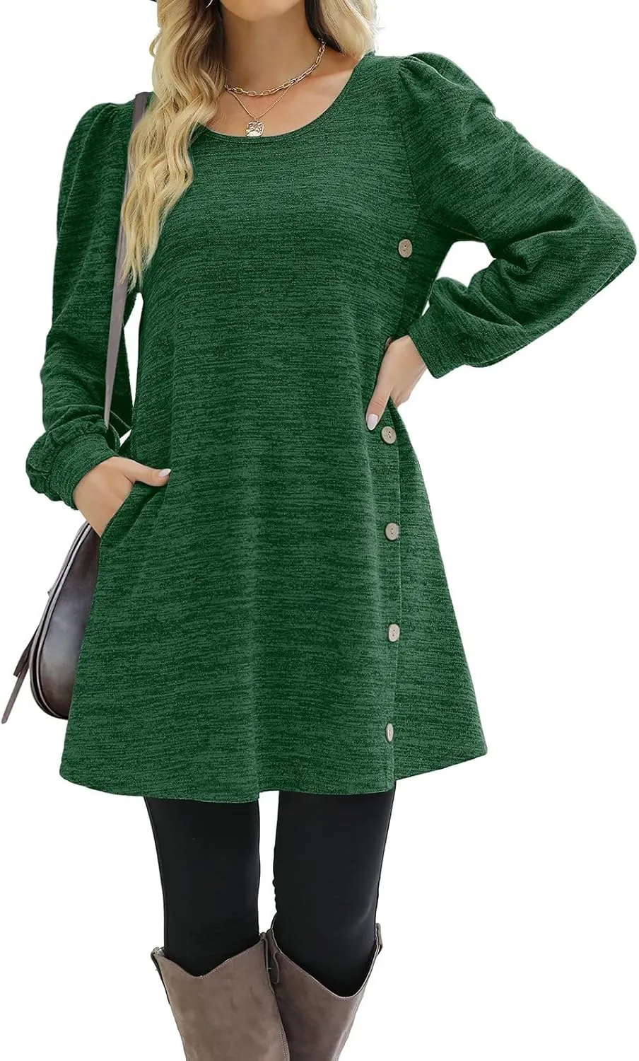 Women's Button Side Long Sleeve Dresses 2024 Fall Fashion Sweater Dresses Casual Crew Neck Pullover Tops with Pockets