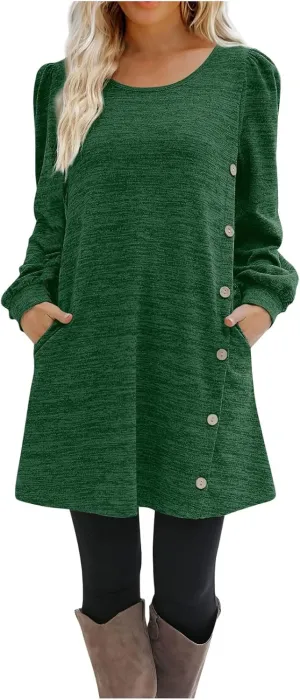 Women's Button Side Long Sleeve Dresses 2024 Fall Fashion Sweater Dresses Casual Crew Neck Pullover Tops with Pockets