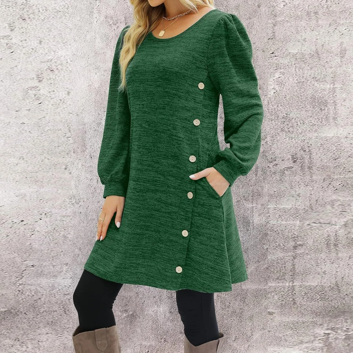 Women's Button Side Long Sleeve Dresses 2024 Fall Fashion Sweater Dresses Casual Crew Neck Pullover Tops with Pockets