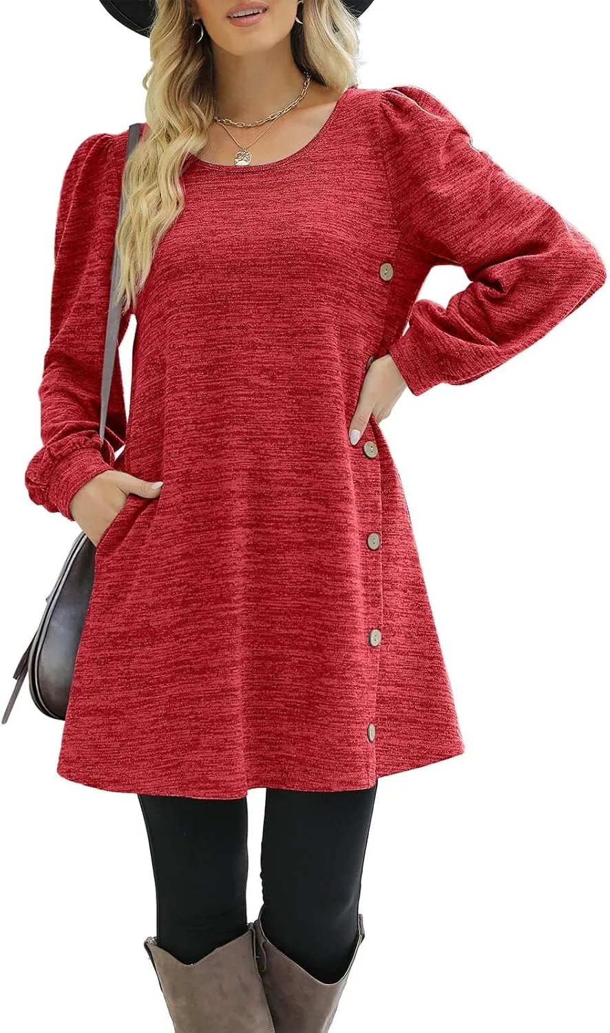 Women's Button Side Long Sleeve Dresses 2024 Fall Fashion Sweater Dresses Casual Crew Neck Pullover Tops with Pockets