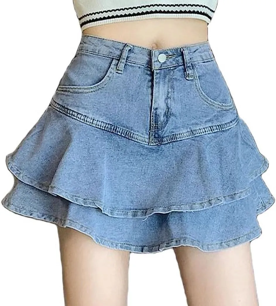 Women's Casual Denim Mini Skirt Ruffled Slim A-line Pleated Jean Short Skirt