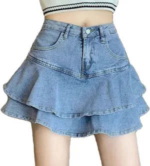 Women's Casual Denim Mini Skirt Ruffled Slim A-line Pleated Jean Short Skirt