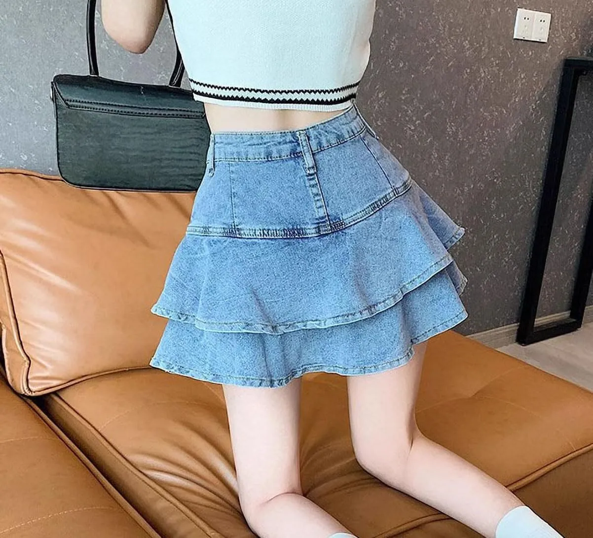 Women's Casual Denim Mini Skirt Ruffled Slim A-line Pleated Jean Short Skirt