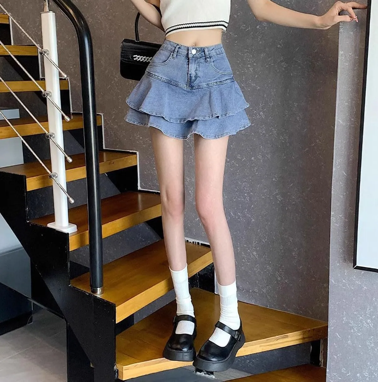 Women's Casual Denim Mini Skirt Ruffled Slim A-line Pleated Jean Short Skirt