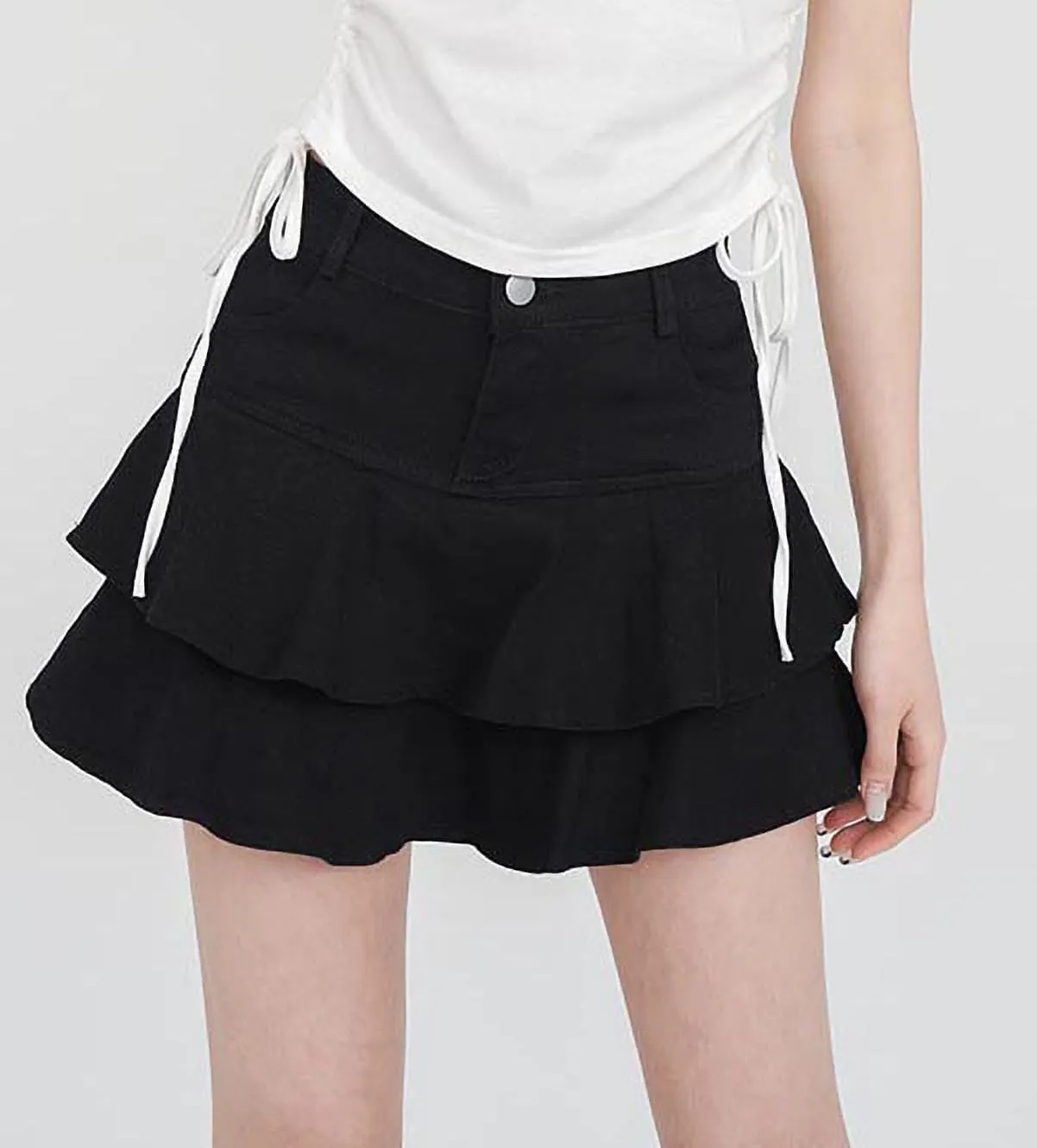 Women's Casual Denim Mini Skirt Ruffled Slim A-line Pleated Jean Short Skirt